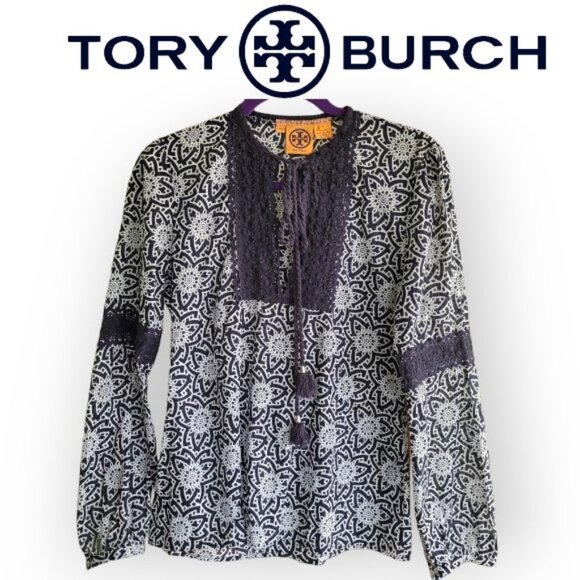 Tory Burch cotton geometric print l/s tie-neck blouse in Navy | in size 8 | - Picture 1 of 9